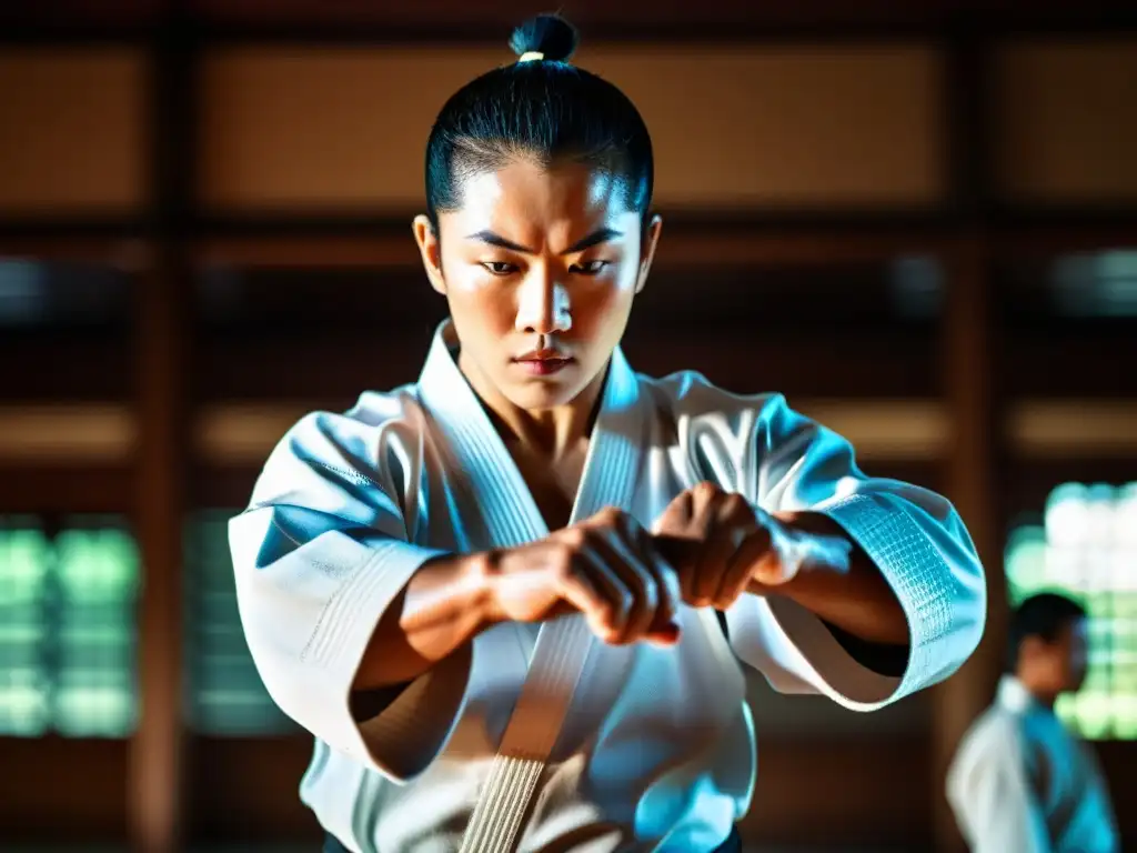 Un maestro de artes marciales demostrando una técnica poderosa en un dojo, con estudiantes atentos