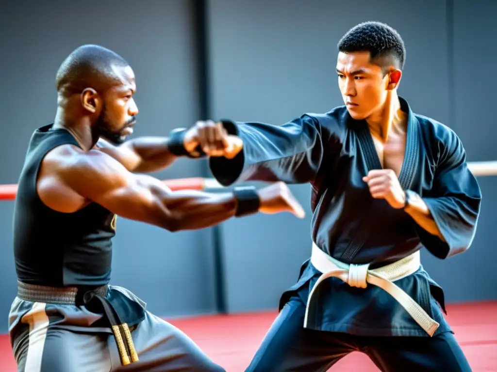 Un maestro de artes marciales demuestra con maestría técnicas de desarme de armas blancas, transmitiendo seguridad y empoderamiento