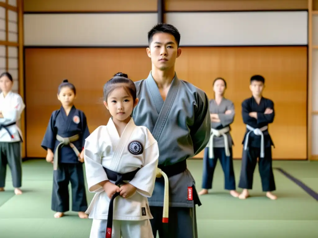 Maestro de artes marciales enseñando técnicas en un dojo tradicional japonés, creando un ambiente disciplinado y de mentoría