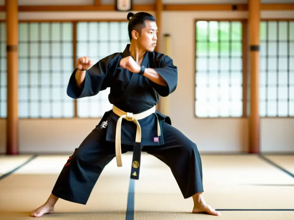 Maestro de artes marciales demostrando técnicas de tonfas para entrenamiento en un dojo tradicional