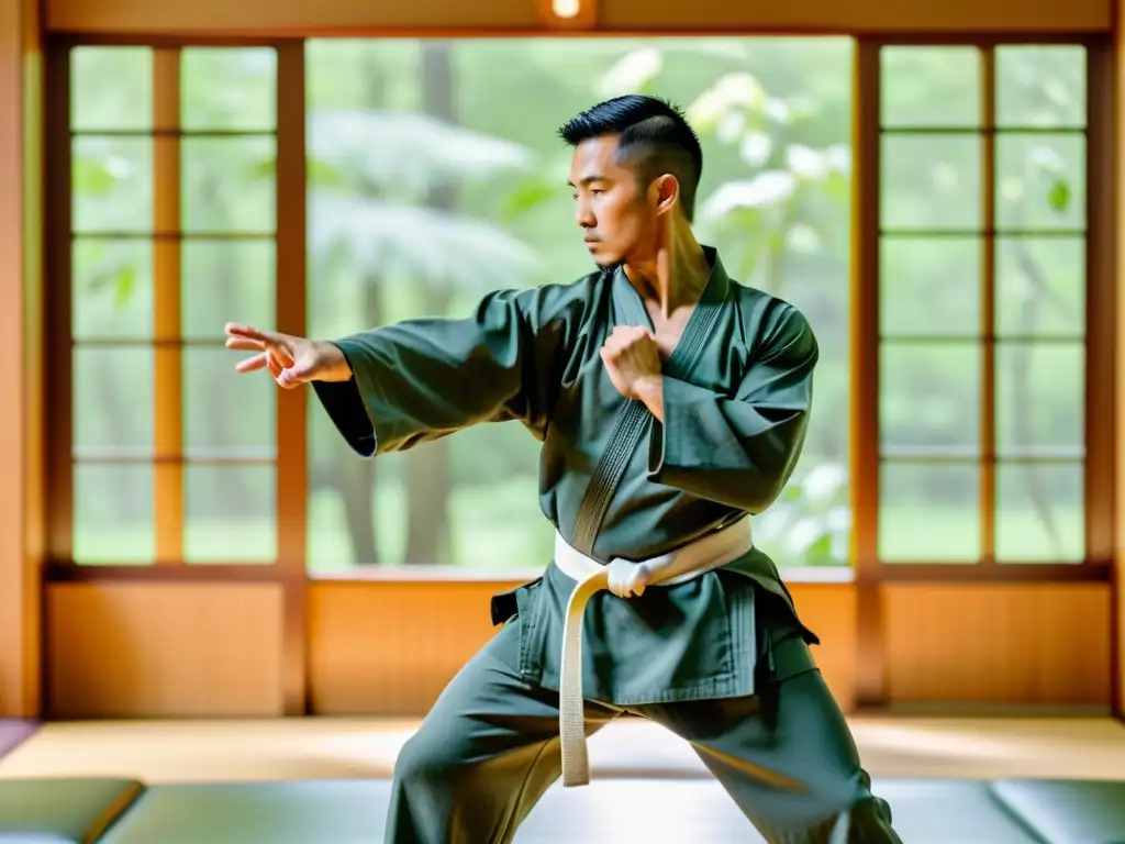 Maestro de artes marciales enseñando técnicas de autodefensa con enfoque y serenidad en un dojo con luz natural y vegetación exuberante