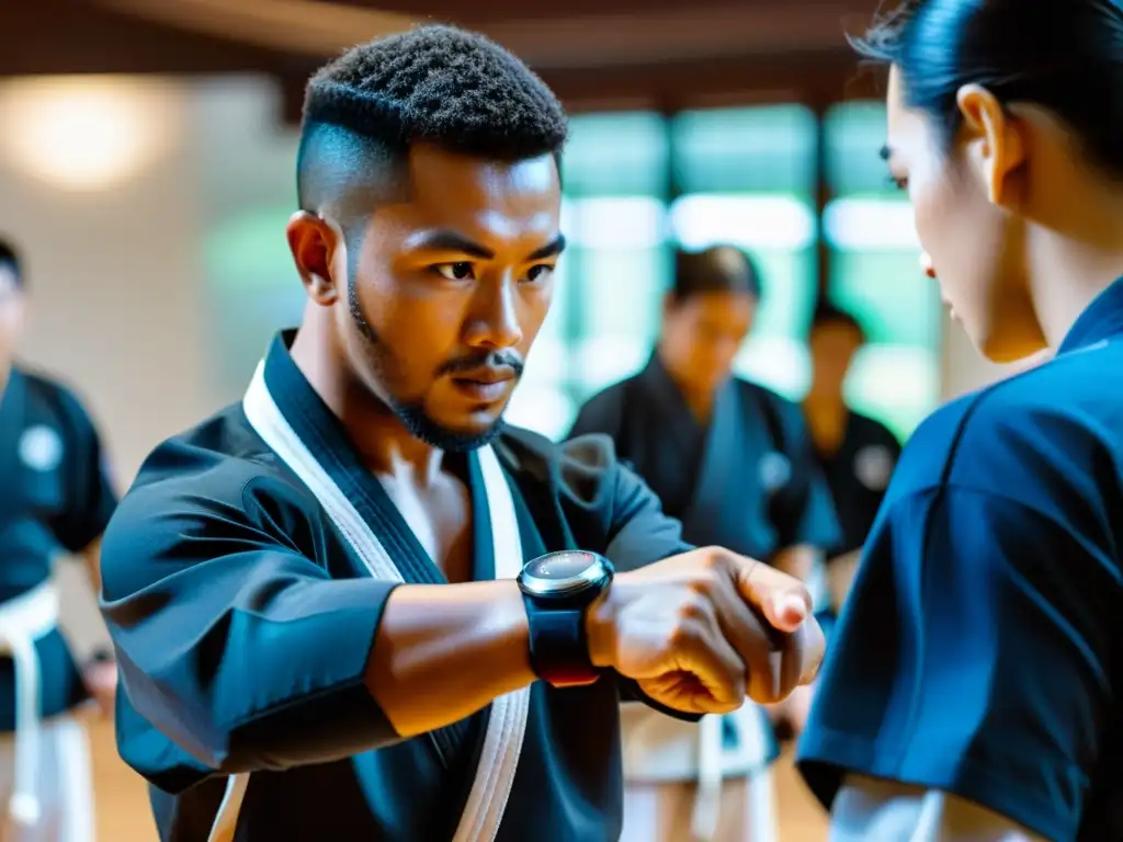 Un maestro de artes marciales muestra técnicas a sus estudiantes en un dojo, con un dispositivo wearable de alta tecnología en su muñeca