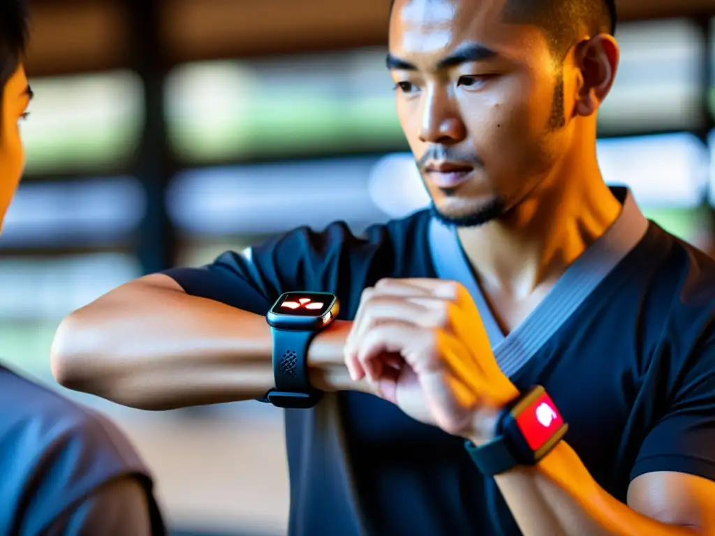 Un maestro de artes marciales con tecnología wearable muestra concentración y precisión en un dojo, fusionando tradición y tecnología