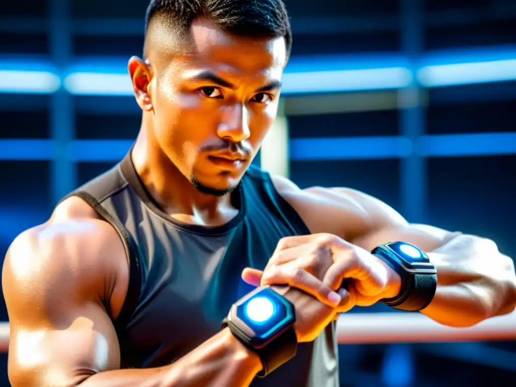 Un maestro de artes marciales usa tecnología wearable en su muñeca mientras entrena intensamente