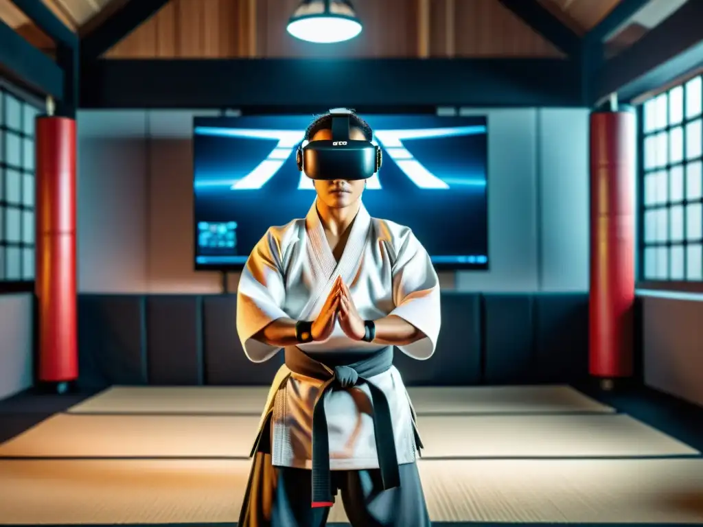 Maestro de artes marciales con filosofía tradicional frente a tecnología de realidad virtual, fusionando tradición y modernidad con impacto innovador