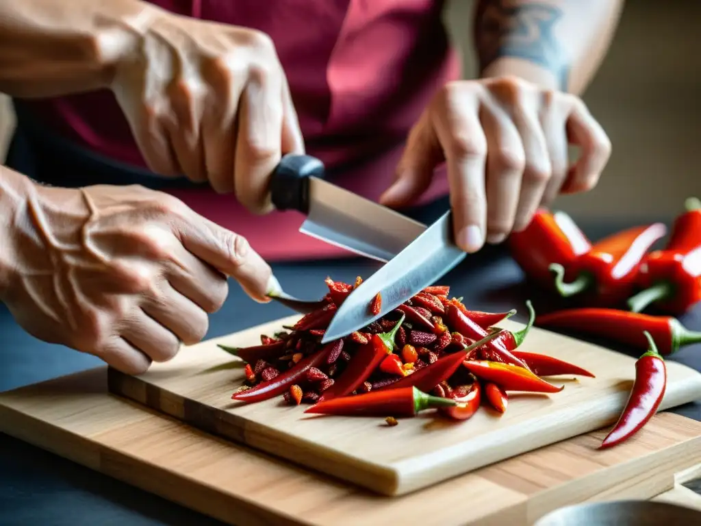 Un maestro de artes marciales tradicionales corta hábilmente chiles rojos, transmitiendo precisión y disciplina