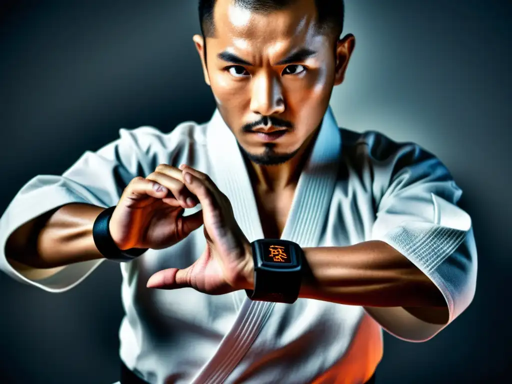 Un maestro de artes marciales tradicionales lleva un dispositivo wearable moderno mientras ejecuta movimientos precisos y poderosos