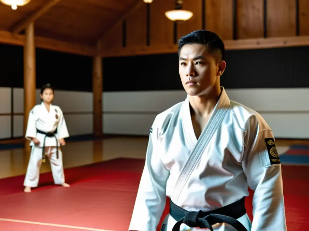 Un maestro de artes marciales con uniforme blanco y cinturón negro se destaca en un dojo tradicional mientras los estudiantes practican técnicas