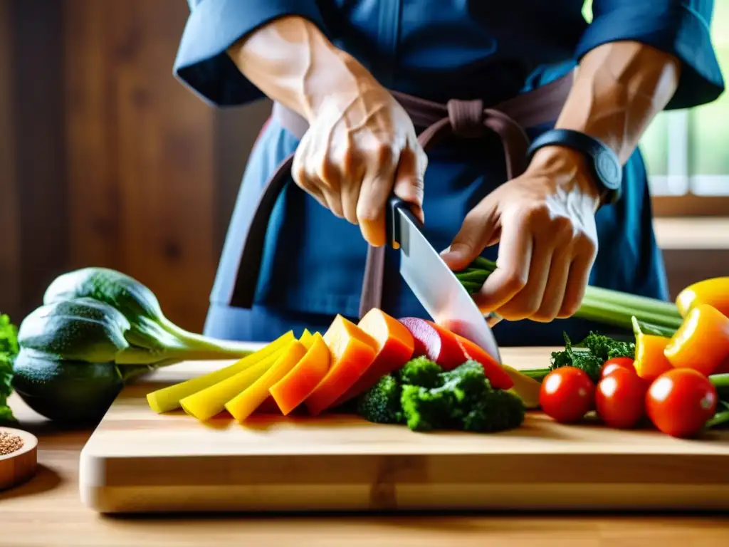 Un maestro de artes marciales cortando vegetales con precisión para una dieta para flexibilidad y agilidad marcial