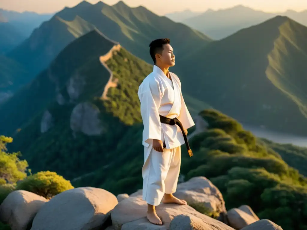 Un maestro de artes marciales en vestimenta blanca contempla un paisaje montañoso al atardecer, transmitiendo fuerza y sabiduría