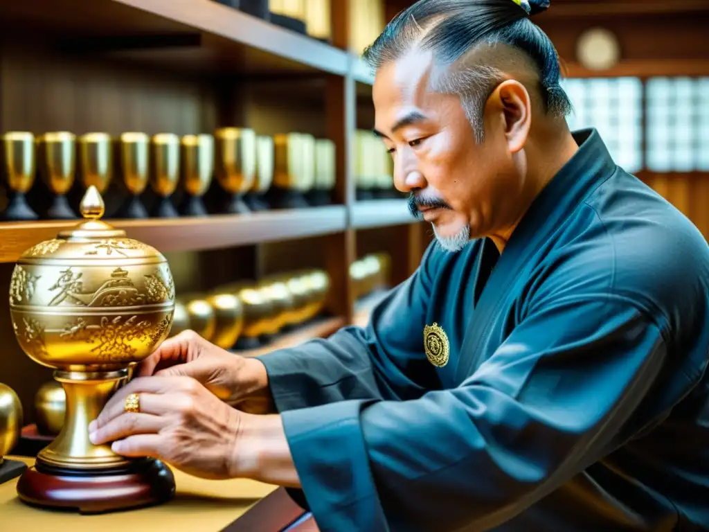 Un maestro artesano en un dojo de artes marciales graba con cuidado diseños en un trofeo dorado