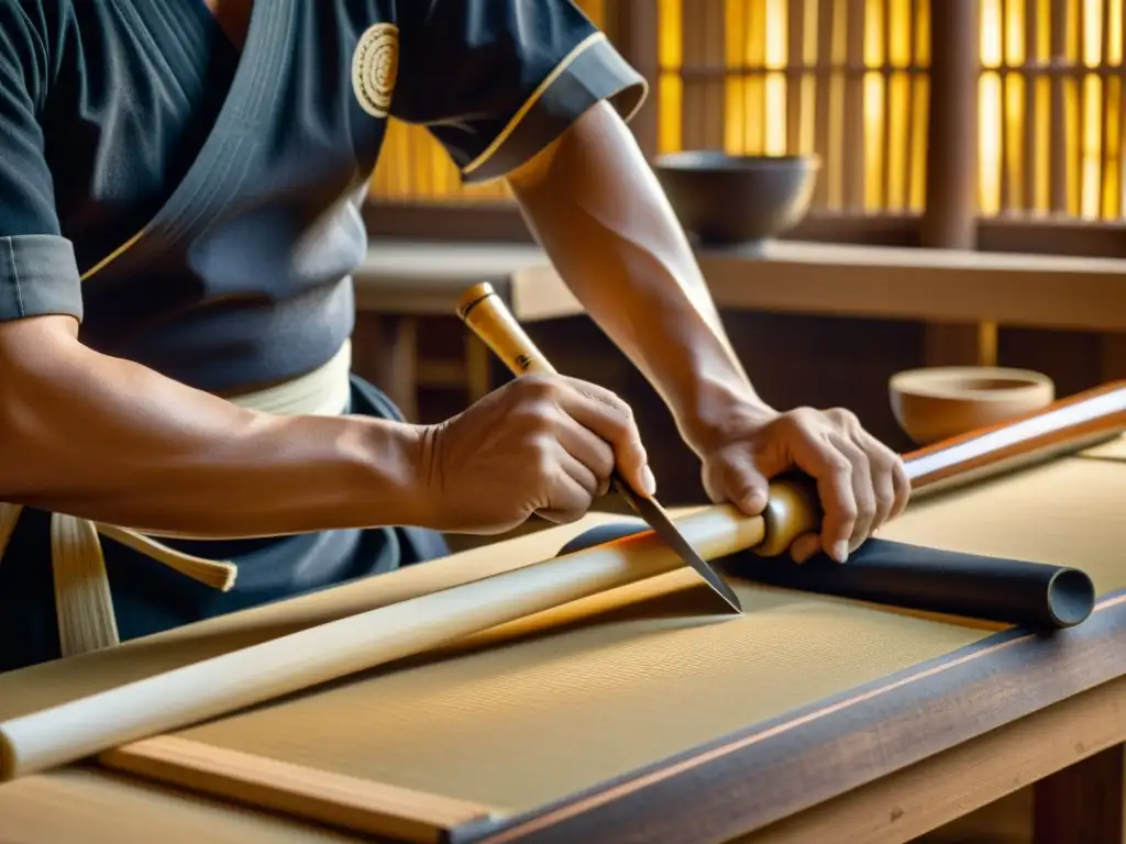 Un maestro artesano da forma a un shinai con precisión en su taller, con virutas de bambú flotando en el aire