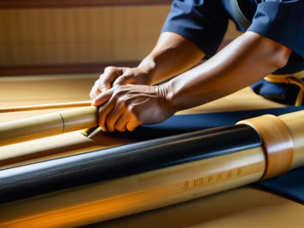 Un maestro artesano talla cuidadosamente una pieza de bambú para crear un shinai para kendo