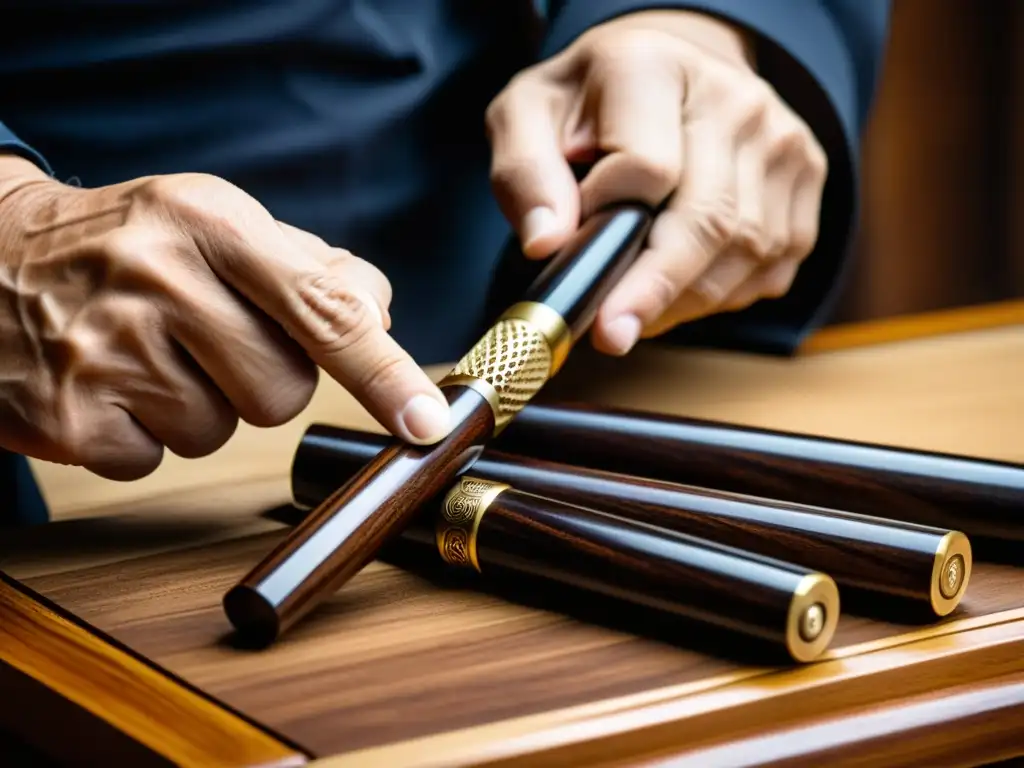 Un maestro artesano talla con destreza un nunchaku de madera oscura, inspirado en motivos de artes marciales