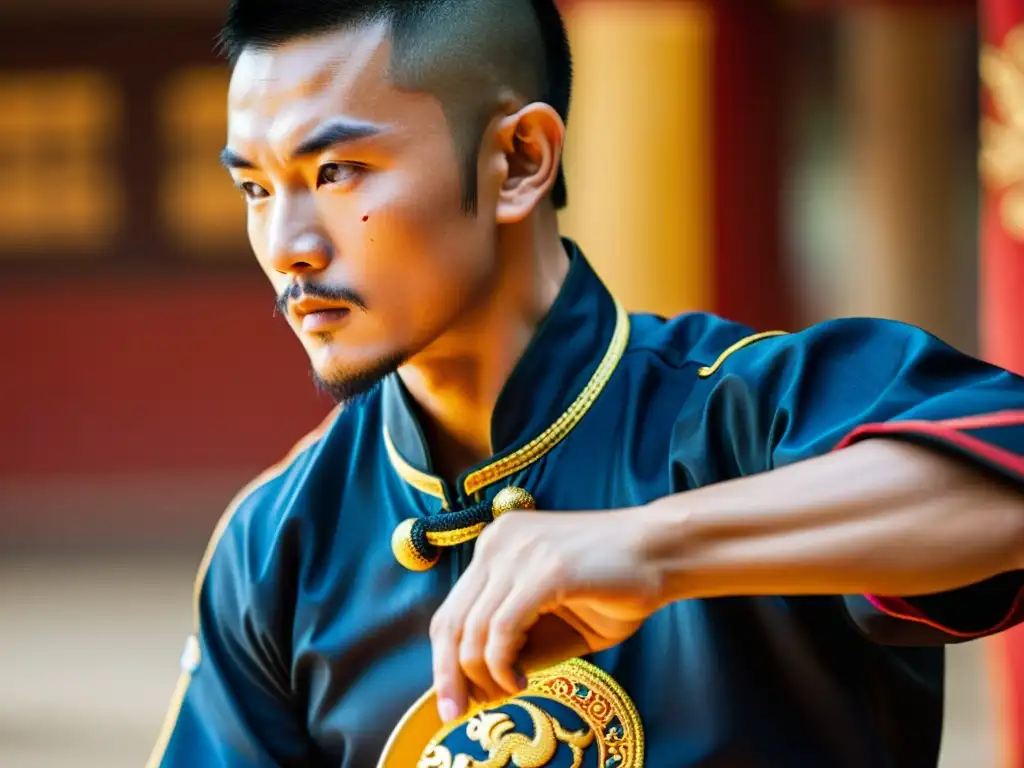 Un maestro de Kung Fu con atuendo tradicional muestra la artesanía y significado cultural de la vestimenta