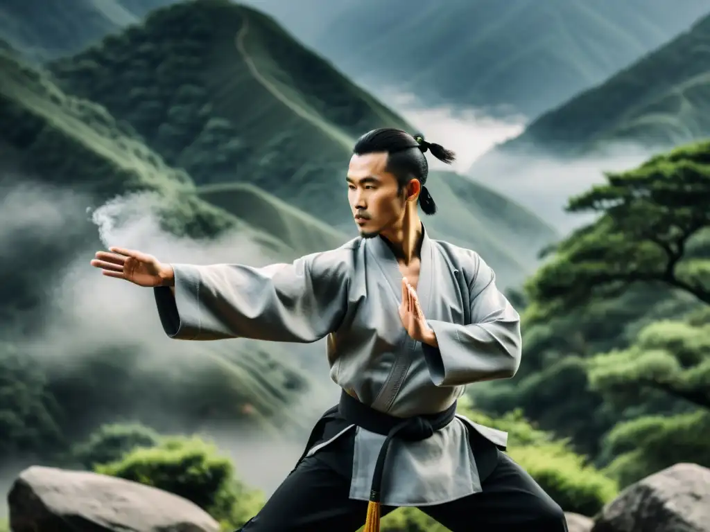 Un maestro de kung fu en atuendo tradicional chino demuestra una técnica en un entorno sereno y neblinoso en las montañas, transmitiendo disciplina y Ética del Kung Fu