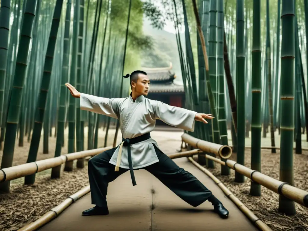 Maestro de kung fu en el bosque de bambú, transmitiendo un mensaje cultural en camisetas kung fu con sus movimientos precisos y expresión serena