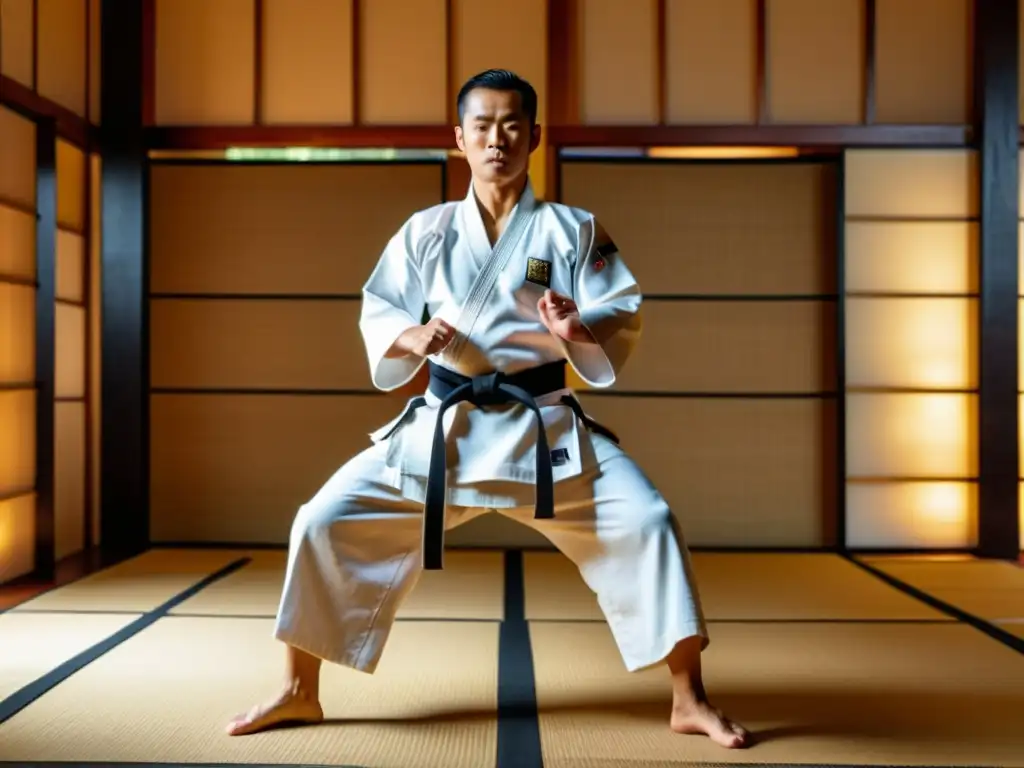 Un maestro de karate en Okinawa, vistiendo un gi blanco con un cinturón negro, ejecutando una técnica precisa en un dojo sereno