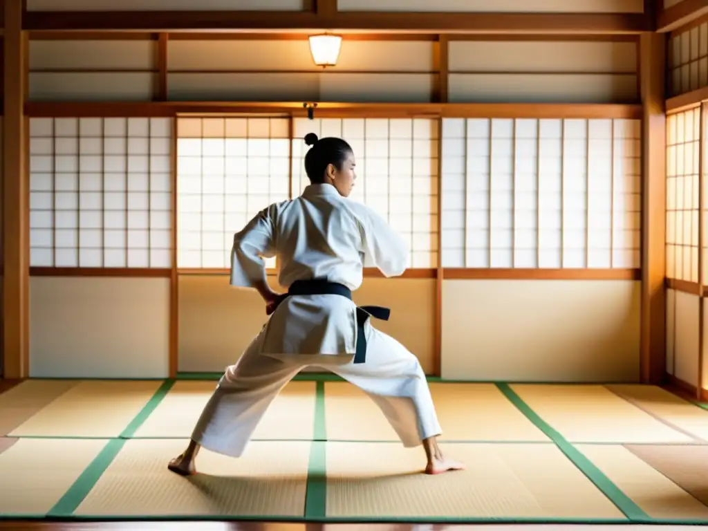 Maestro en gi blanco dirige kata, rodeado de estudiantes concentrados en el dojo japonés iluminado por luz natural