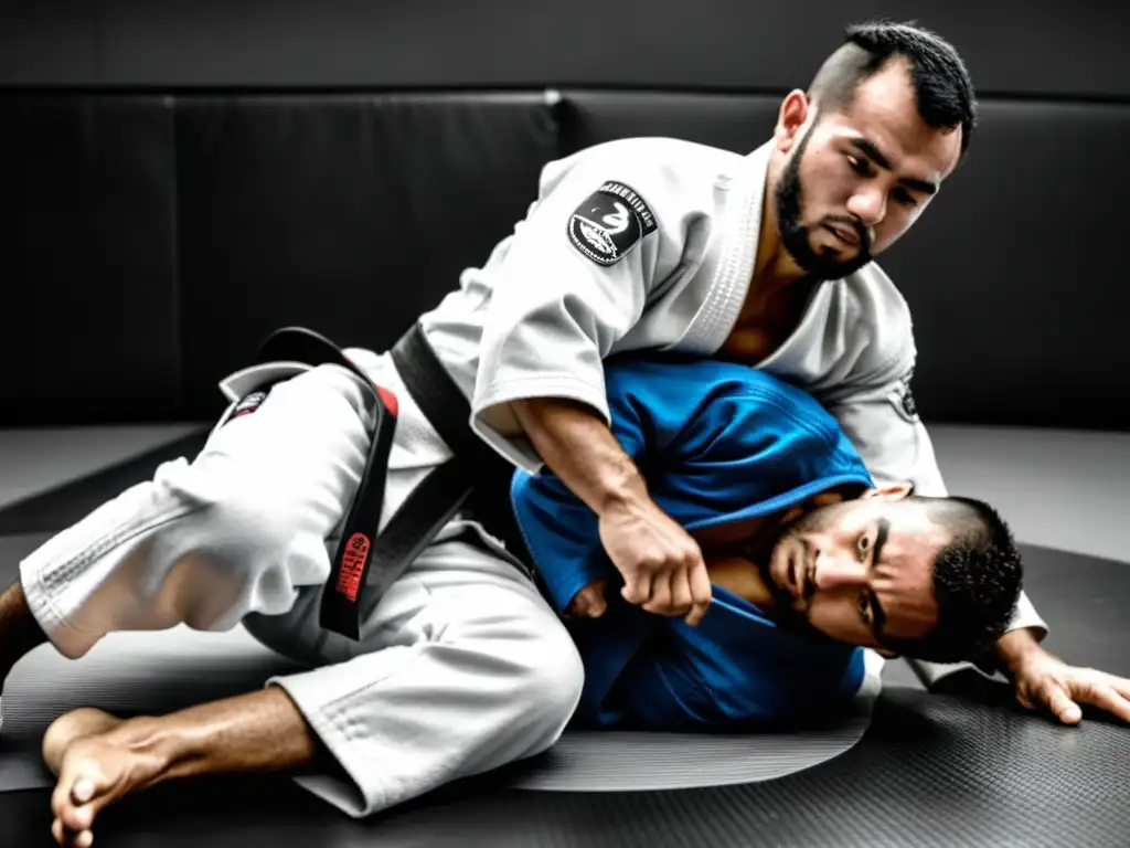 Un maestro de JiuJitsu Brasileño muestra técnicas esenciales con intensa determinación, mientras los estudiantes observan con atención