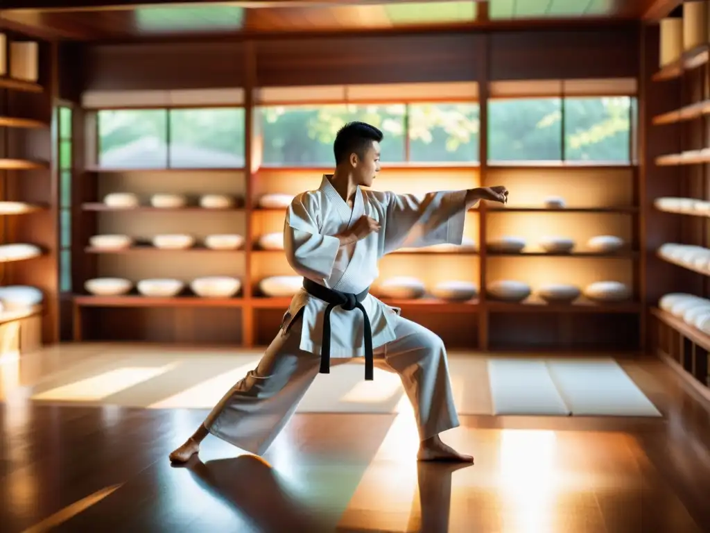 Un maestro lleva a cabo una kata en un dojo tradicional, rodeado de valioso merchandising de artes marciales