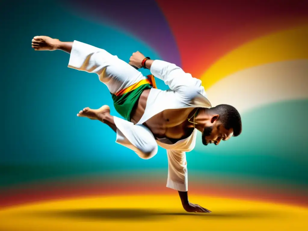 Un maestro de capoeira ejecuta una acrobacia aérea con determinación, destacando la fuerza y gracia de esta disciplina