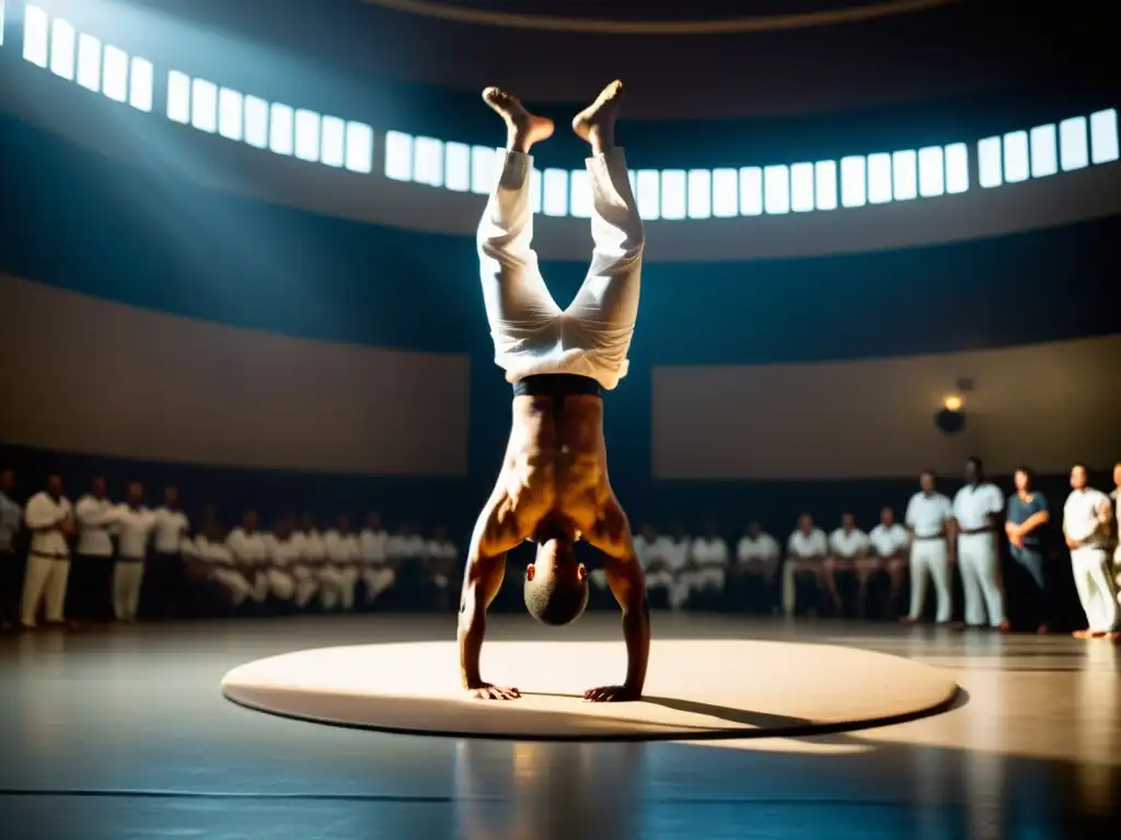 Un maestro de capoeira ejecuta un perfecto pino con una pierna extendida, rodeado de espectadores en un salón de entrenamiento con atmósfera intensa