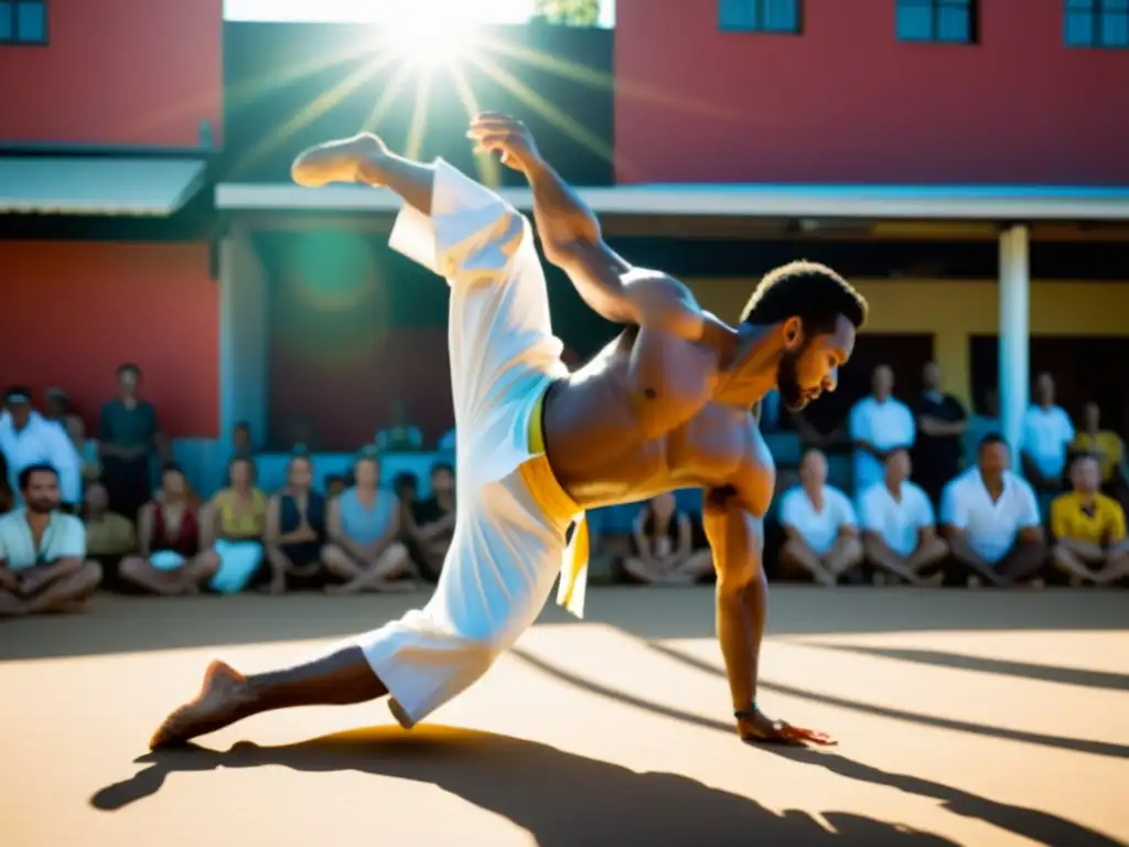 Un maestro de capoeira en pleno juego, ejecutando un ágil y preciso patada de rueda bajo el sol vibrante