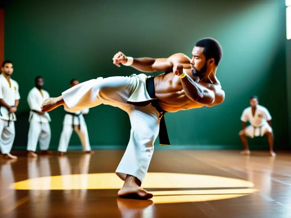 Un maestro de Capoeira ejecuta una potente patada giratoria, demostrando agilidad y destreza en un entorno tradicional de Capoeira