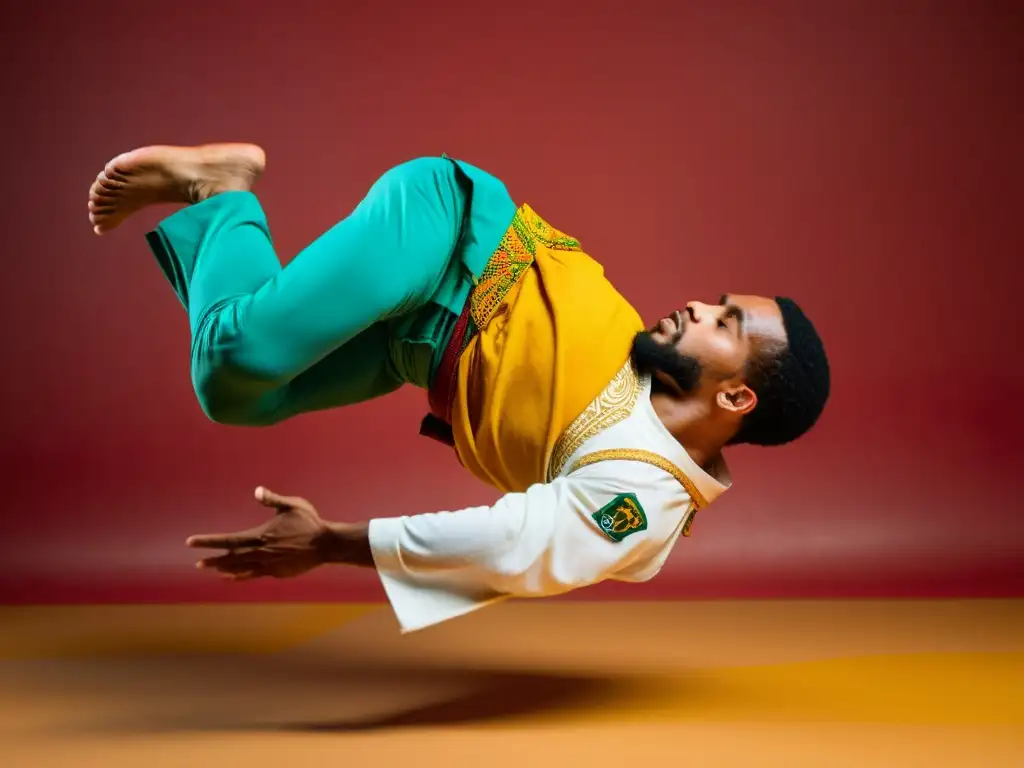 Un maestro de capoeira ejecuta técnicas avanzadas con gracia y precisión, suspendido en el aire en pleno giro