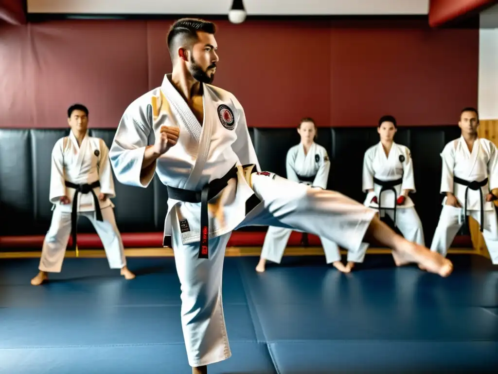 Un maestro cinturón negro de artes marciales demostrando una potente patada circular en un dojo tradicional, rodeado de estudiantes atentos