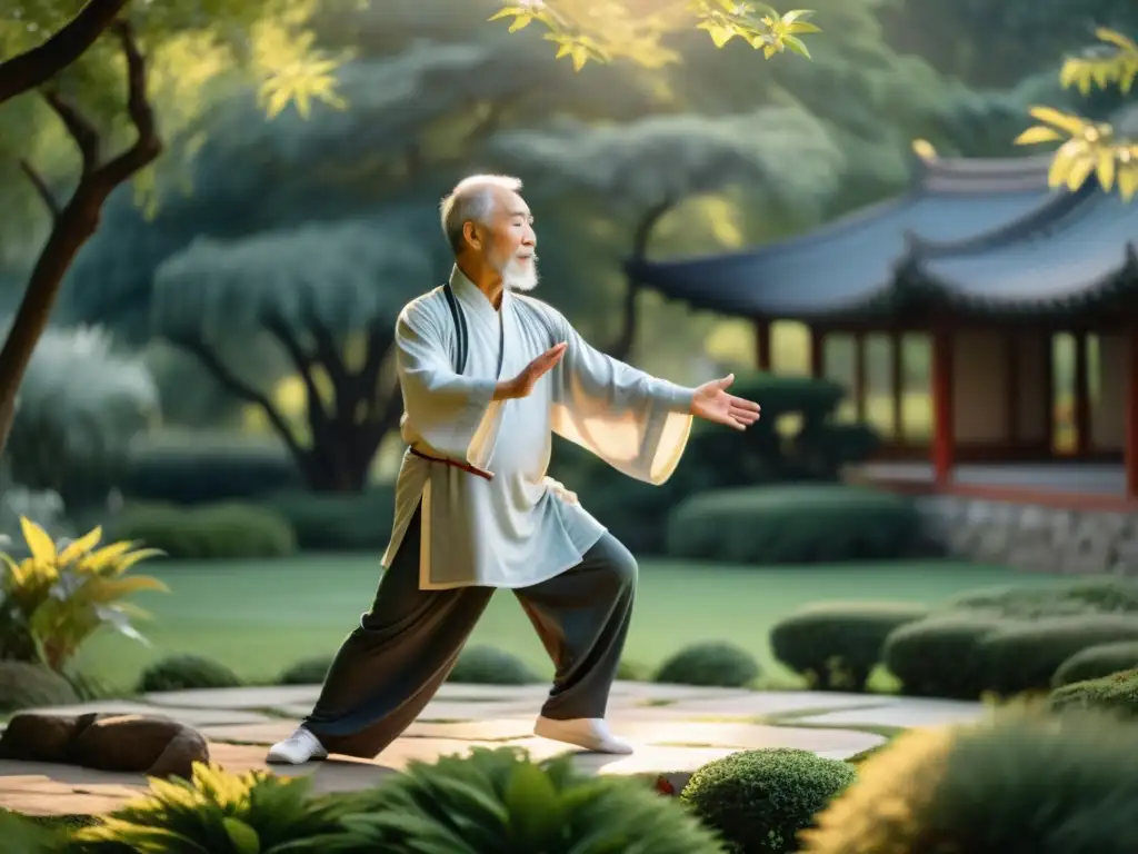 Maestro de Tai Chi Clásico realiza movimientos fluidos al amanecer en un jardín, emanando sabiduría y paz interior