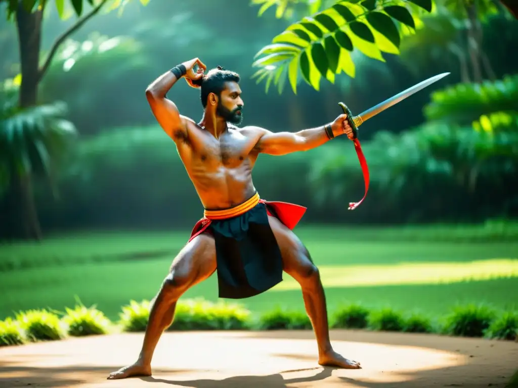 Un maestro de Kalaripayattu en Kerala, concentrado en una postura dinámica con una espada, rodeado de exuberante vegetación