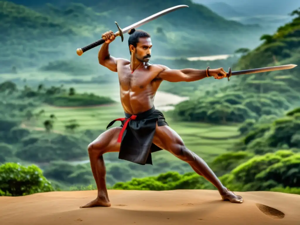 Un maestro de Kalaripayattu muestra su destreza con una espada en un paisaje indio antiguo