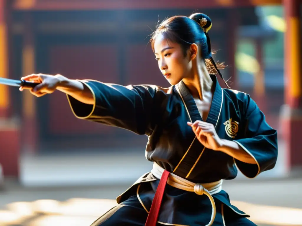 Un maestro de Kung Fu muestra destreza con un sable brillante en un escenario sereno de entrenamiento de artes marciales