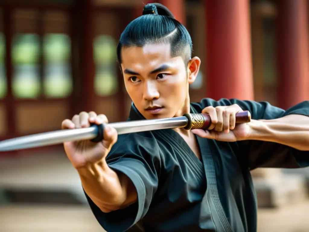 Un maestro de Kung Fu muestra con destreza las técnicas de las armas tradicionales del Kung Fu, resaltando su legado cultural e histórico