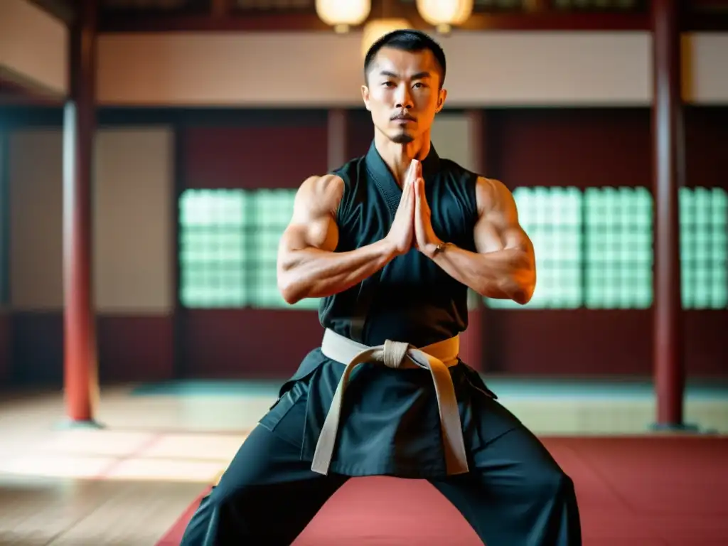 Preparación física Kung Fu: Maestro realiza dinámicos estiramientos en sala de entrenamiento, con estudiantes al fondo