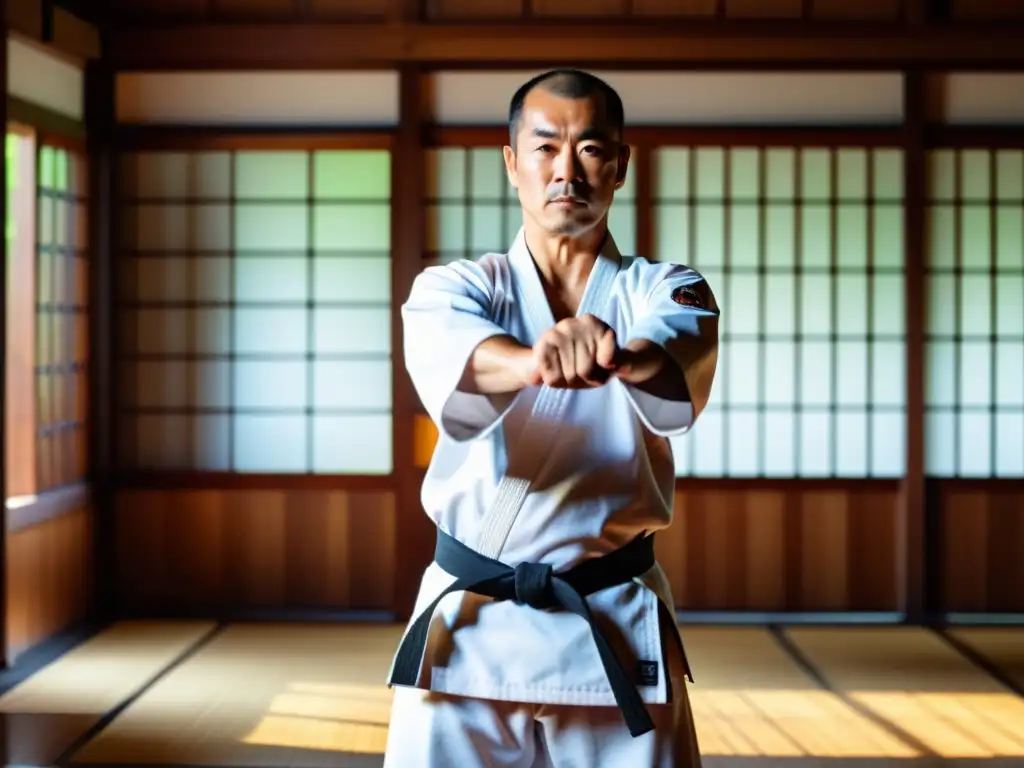 Maestro de karate de Okinawa en el dojo, con gi blanco y cinturón negro, exudando sabiduría y disciplina