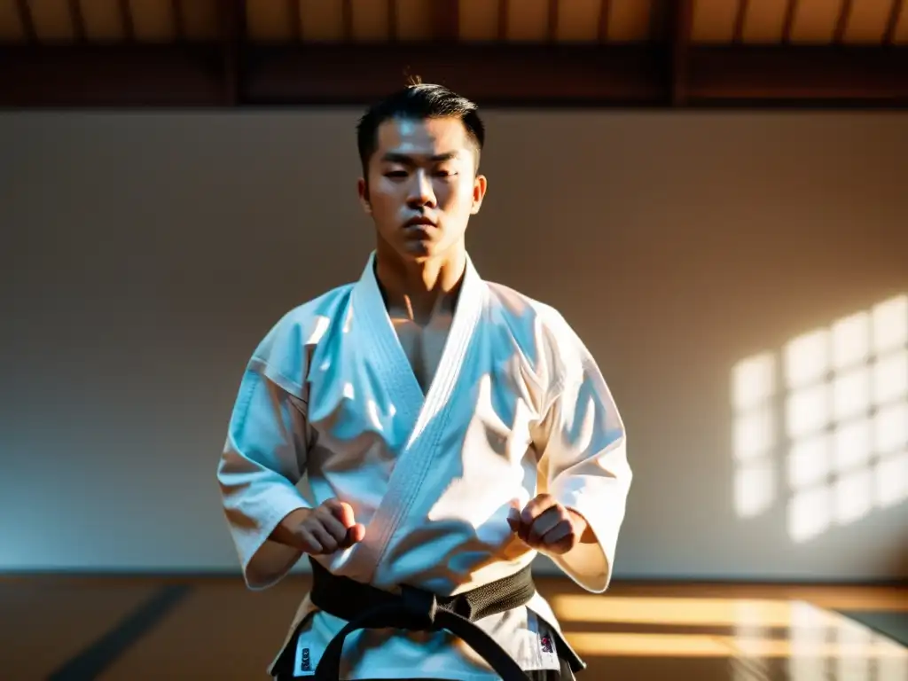 Un maestro de karate en un dojo tradicional, demostrando una kata con precisión y fuerza