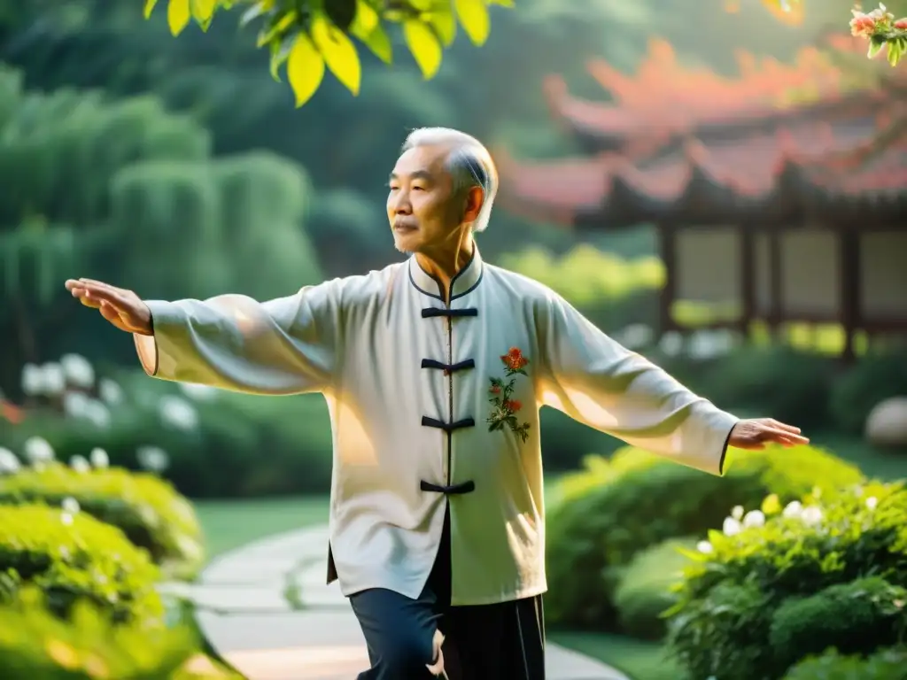 Maestro de Tai Chi en jardín sereno: armonía y gracia Un maestro de Tai Chi de edad avanzada practica en un jardín sereno, rodeado de vegetación exuberante y flores