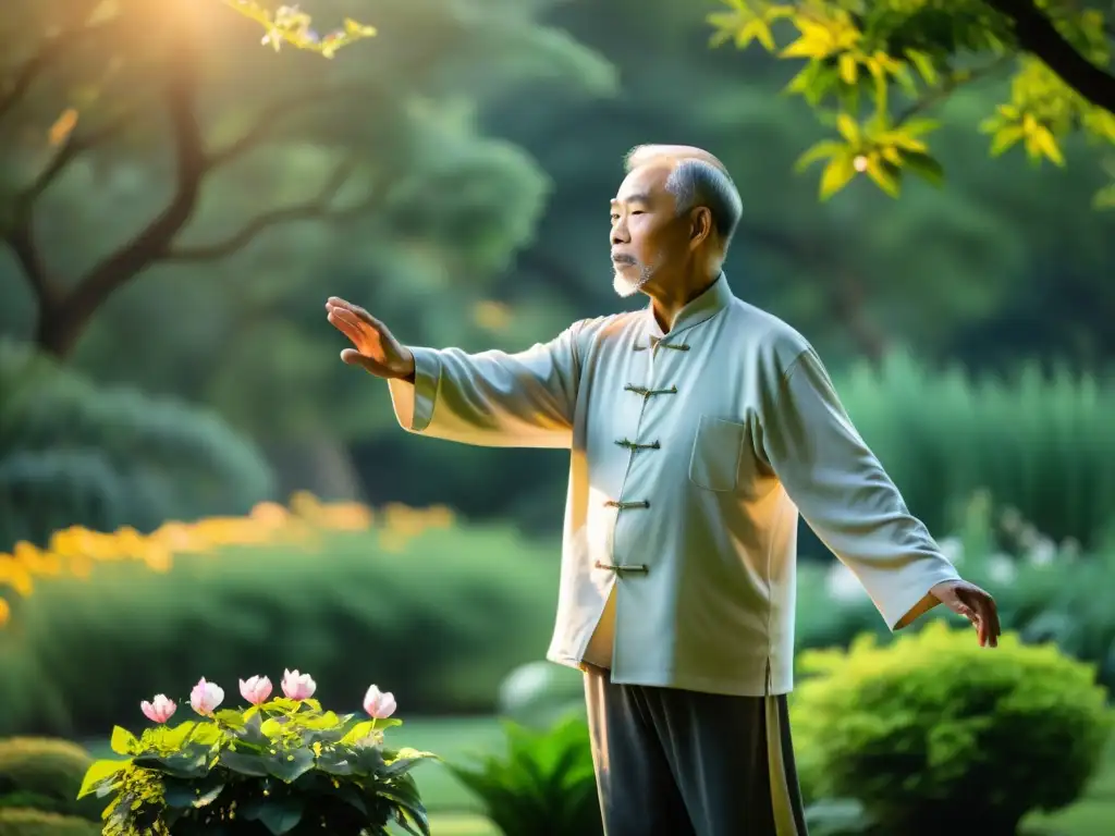 Un maestro de tai chi de edad avanzada practica en un jardín sereno al amanecer, rodeado de exuberante vegetación y flores