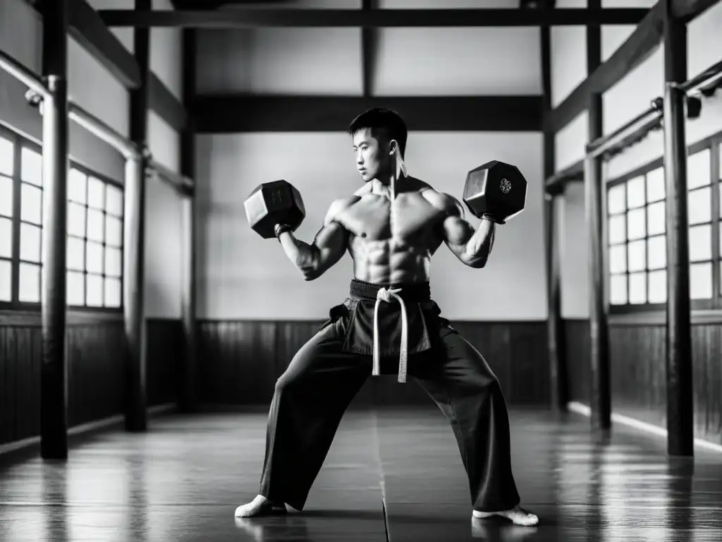 Maestro de kung fu realiza entrenamiento con mancuernas en tradicional sala de entrenamiento, demostrando disciplina y fuerza