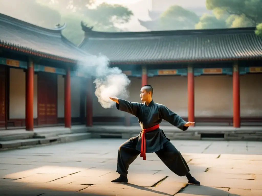 Un maestro de Kung Fu en equilibrio, practicando en un tranquilo patio chino cubierto de niebla