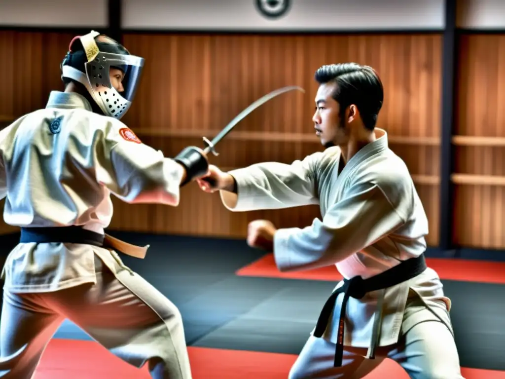 Un maestro de esgrima realiza entrenamientos personalizados con un estudiante enfocado en un dojo tradicional