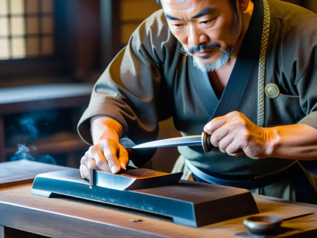 Un maestro espadero japonés en atuendo tradicional forja cuidadosamente una hoja de katana al rojo vivo