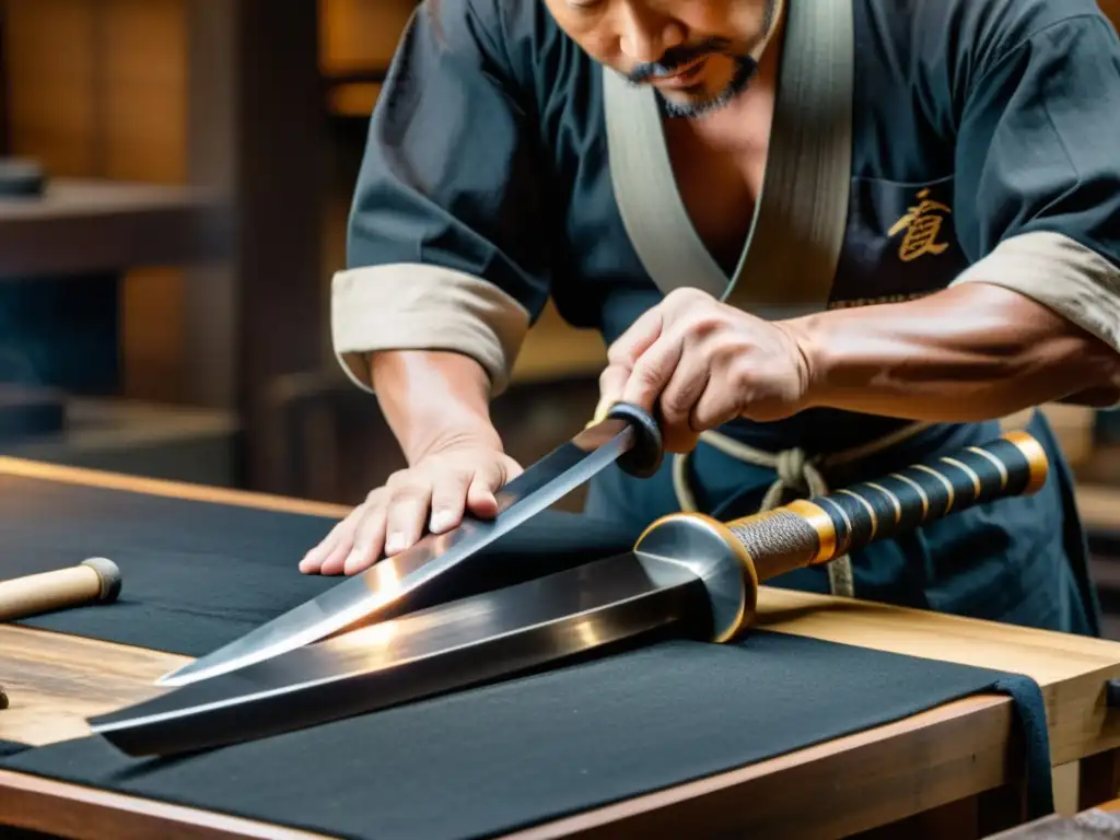 Un maestro espadero japonés dobla y martillea capas de acero con intensa concentración, creando una auténtica katana