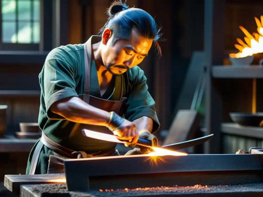 Un maestro espadero japonés forja una katana en su taller histórico, creando las mejores espadas Katana para principiantes