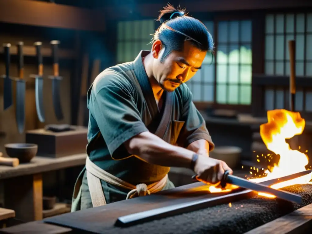 Un maestro espadero japonés forja con precisión una katana en su taller, iluminado por las llamas del horno