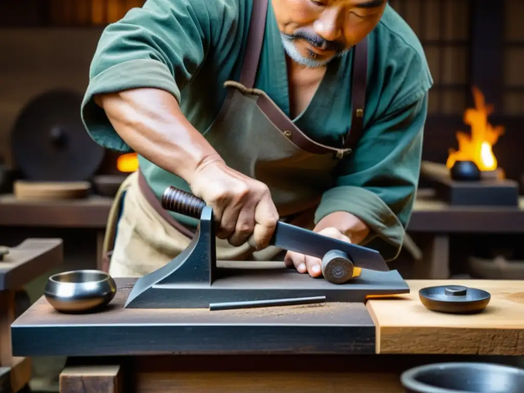 Un maestro espadero japonés forja con precisión una espada katana, rodeado de herramientas y materiales