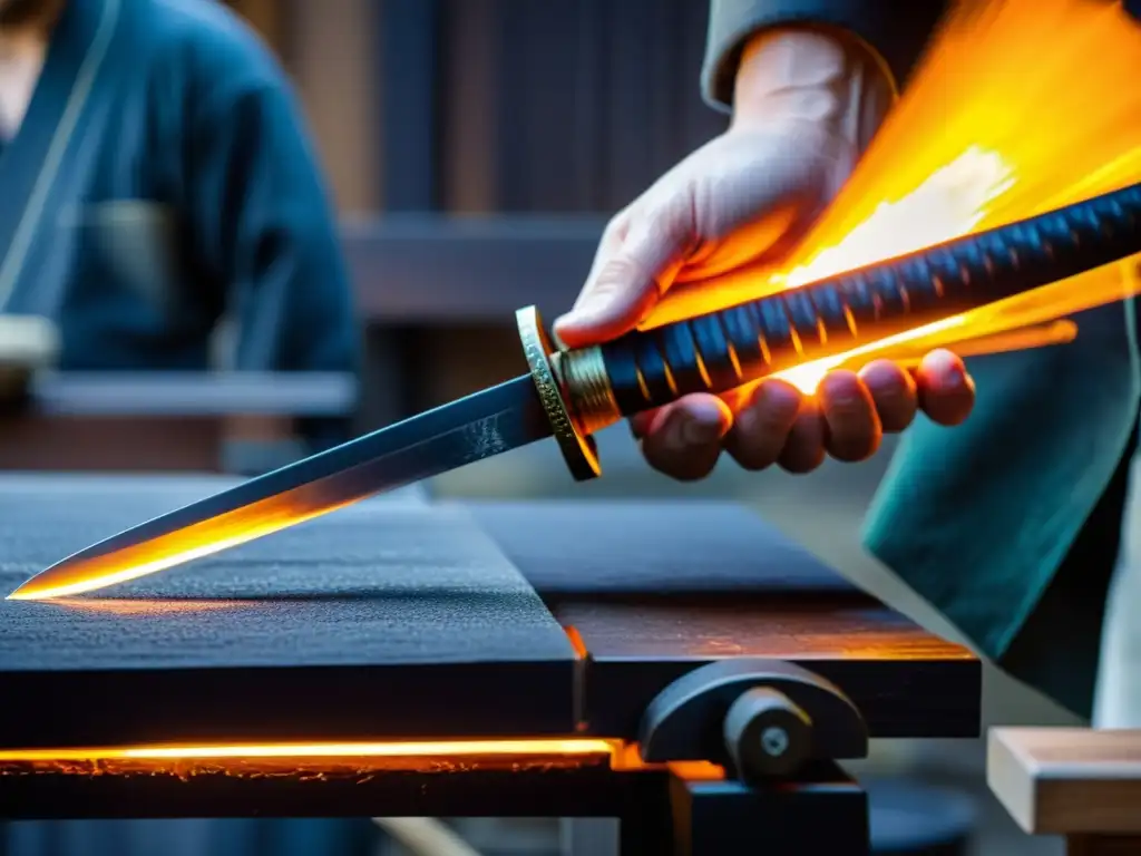 Maestro espadero forjando una katana con maestría, destacando la artesanía y destreza en la creación de las mejores espadas práctica arte marcial